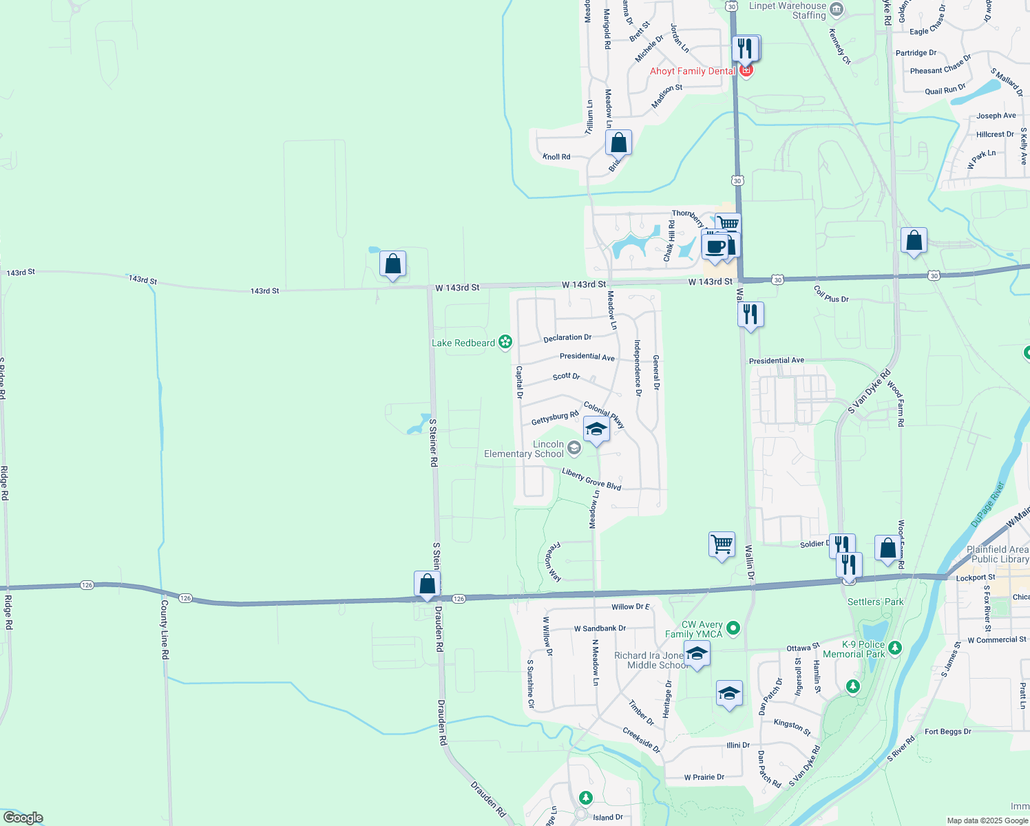 map of restaurants, bars, coffee shops, grocery stores, and more near 14610 Capital Drive in Plainfield