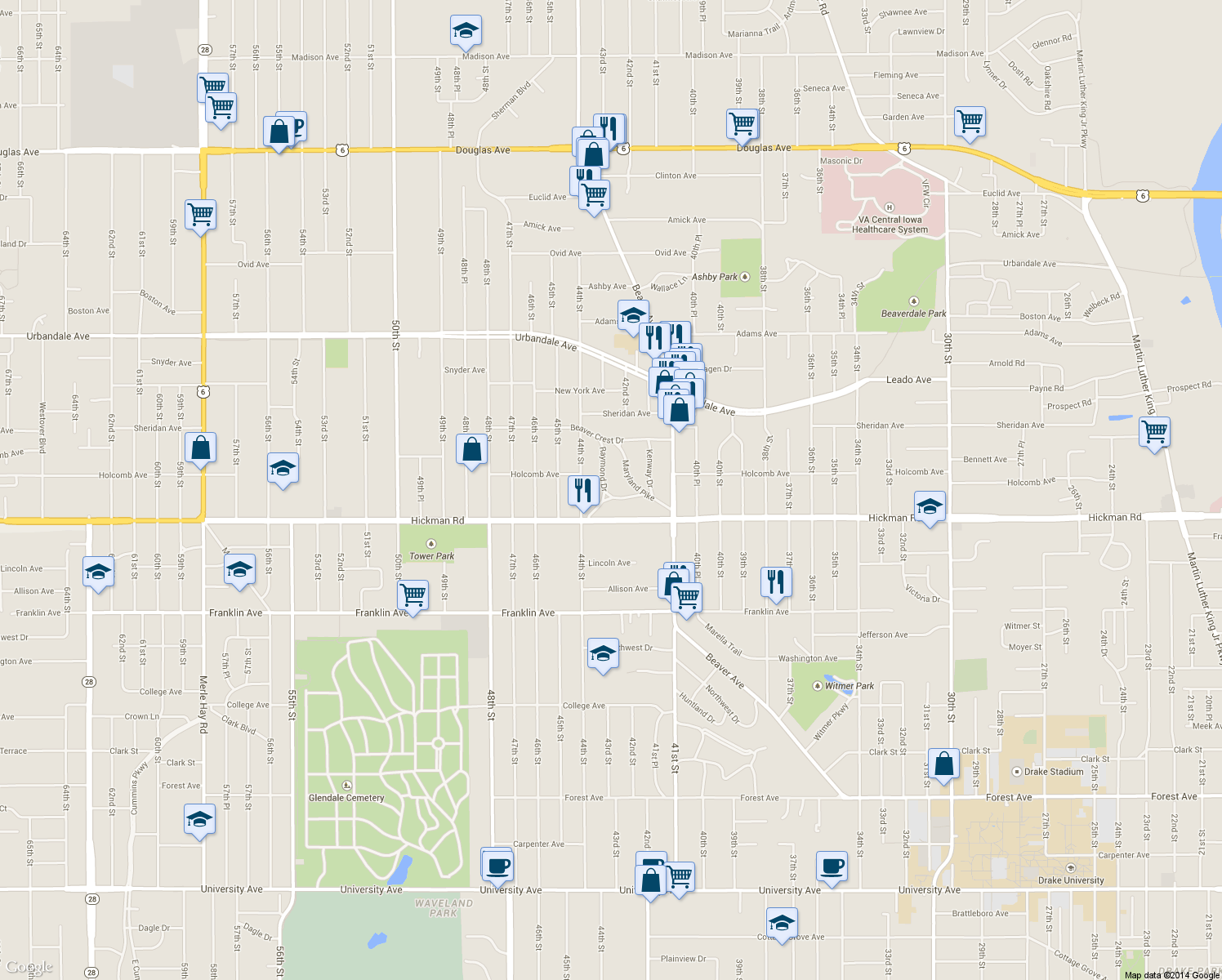 map of restaurants, bars, coffee shops, grocery stores, and more near 2407 Raymond Drive in Des Moines