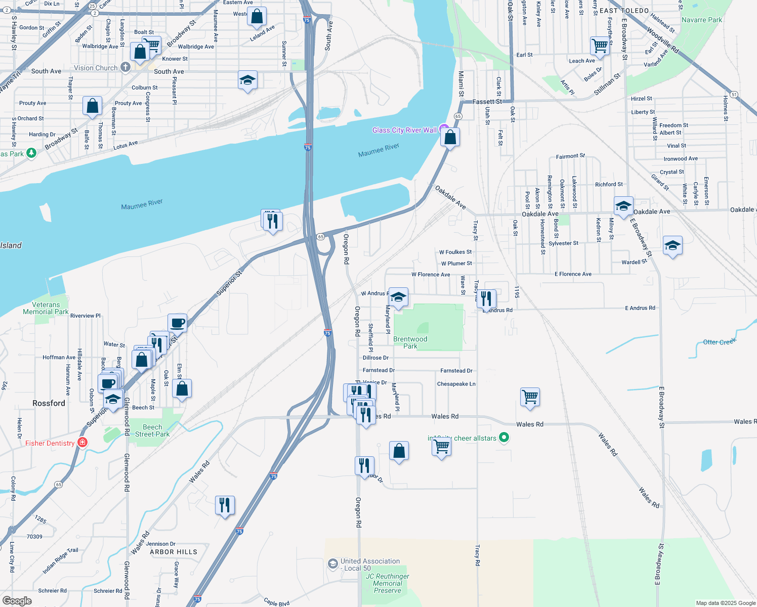 map of restaurants, bars, coffee shops, grocery stores, and more near 414 Rosedale Drive in Northwood