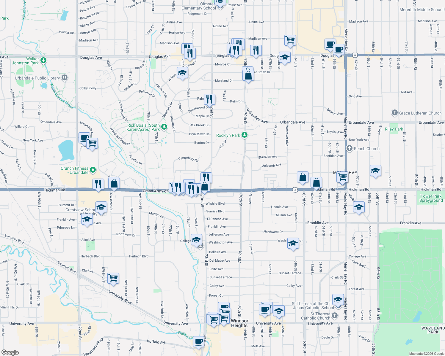 map of restaurants, bars, coffee shops, grocery stores, and more near 7100 Holcomb Ave in Urbandale