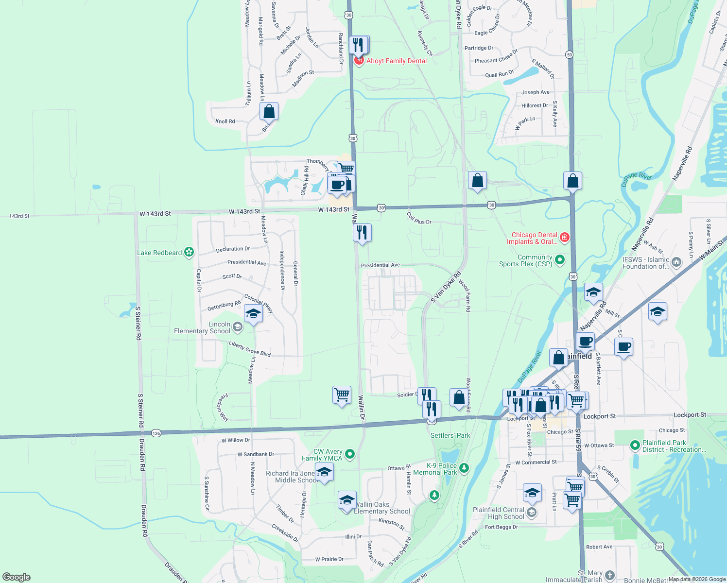 map of restaurants, bars, coffee shops, grocery stores, and more near 14530 Thomas Jefferson Dr in Plainfield