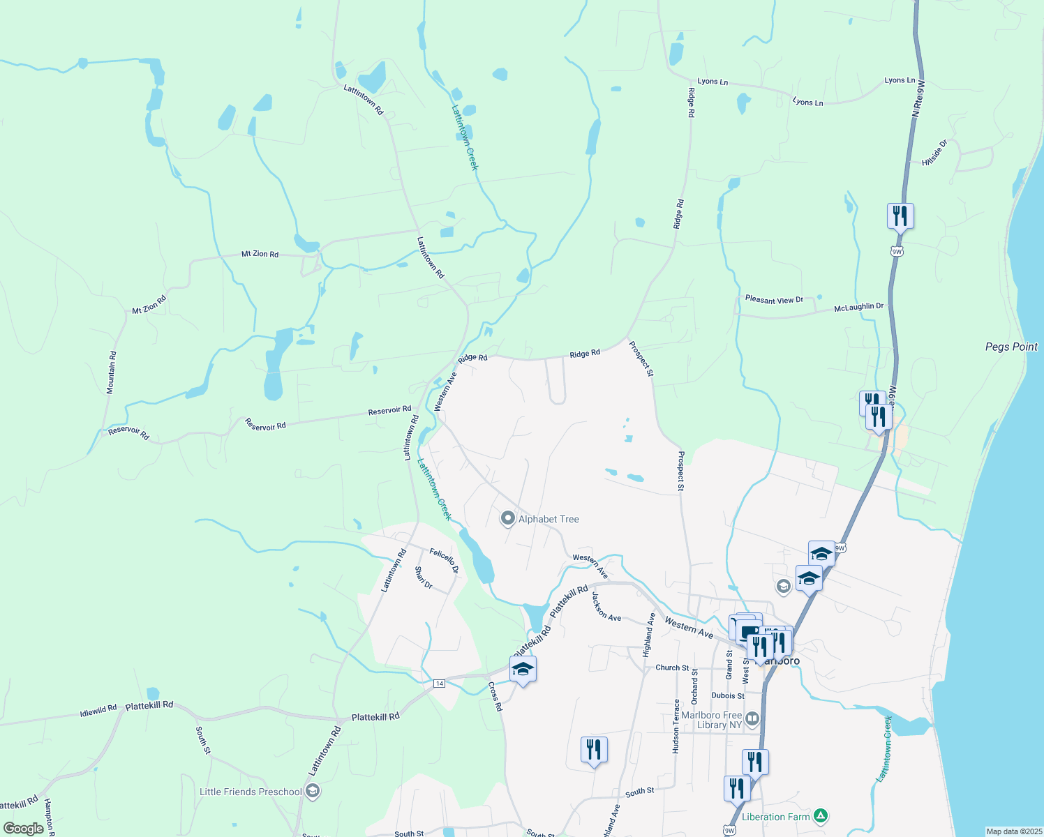 map of restaurants, bars, coffee shops, grocery stores, and more near 12 Ridgeview Lane in Marlboro