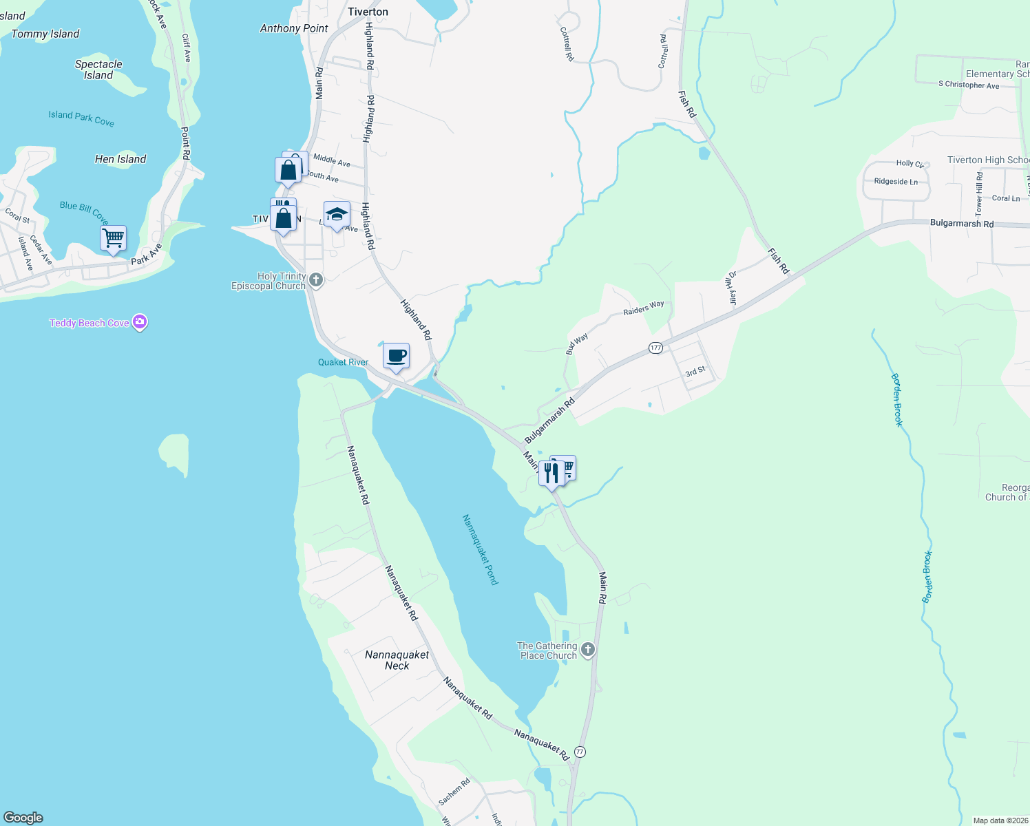 map of restaurants, bars, coffee shops, grocery stores, and more near 78 Old Bulgarmarsh Road in Tiverton