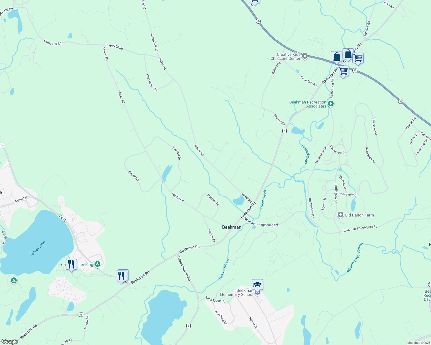map of restaurants, bars, coffee shops, grocery stores, and more near 45 Baker Road in Hopewell Junction
