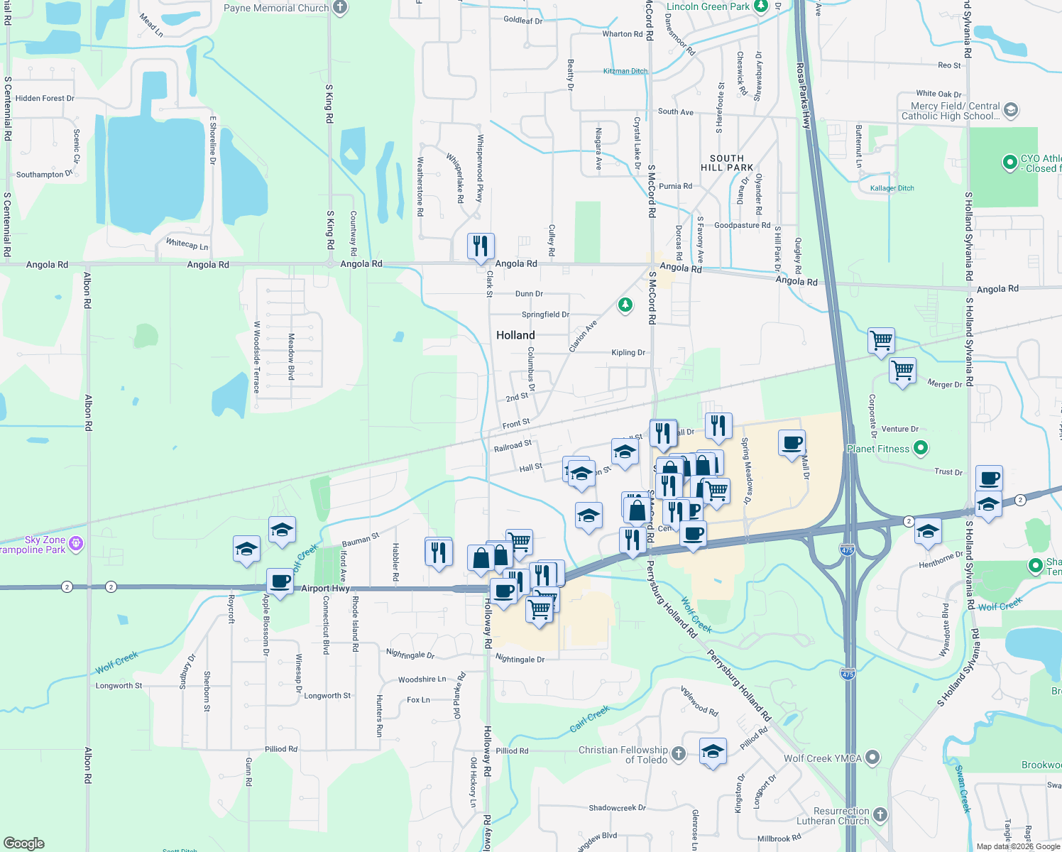 map of restaurants, bars, coffee shops, grocery stores, and more near 7101 Front St in Holland