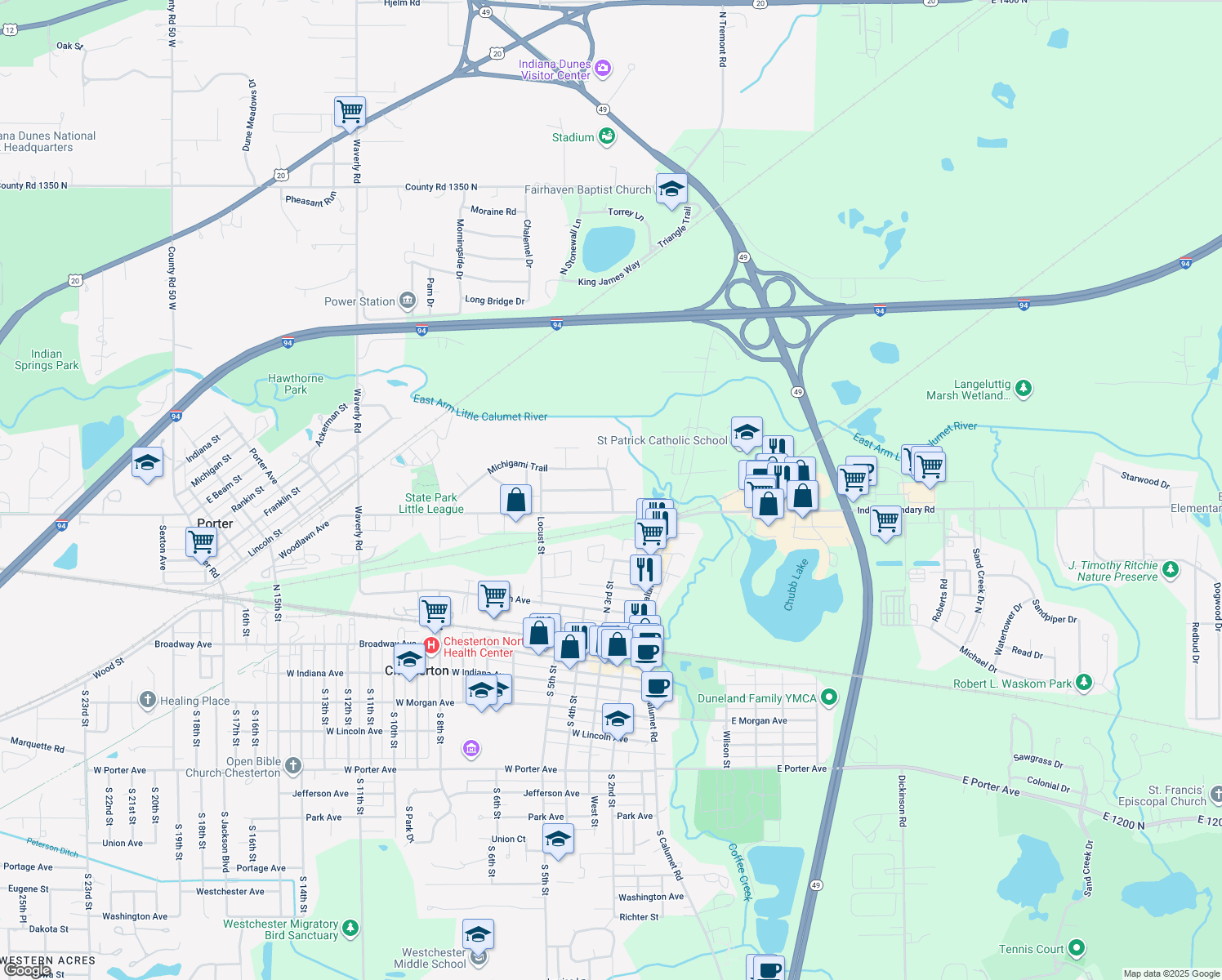 map of restaurants, bars, coffee shops, grocery stores, and more near 699 Pottawattomie Trail in Porter