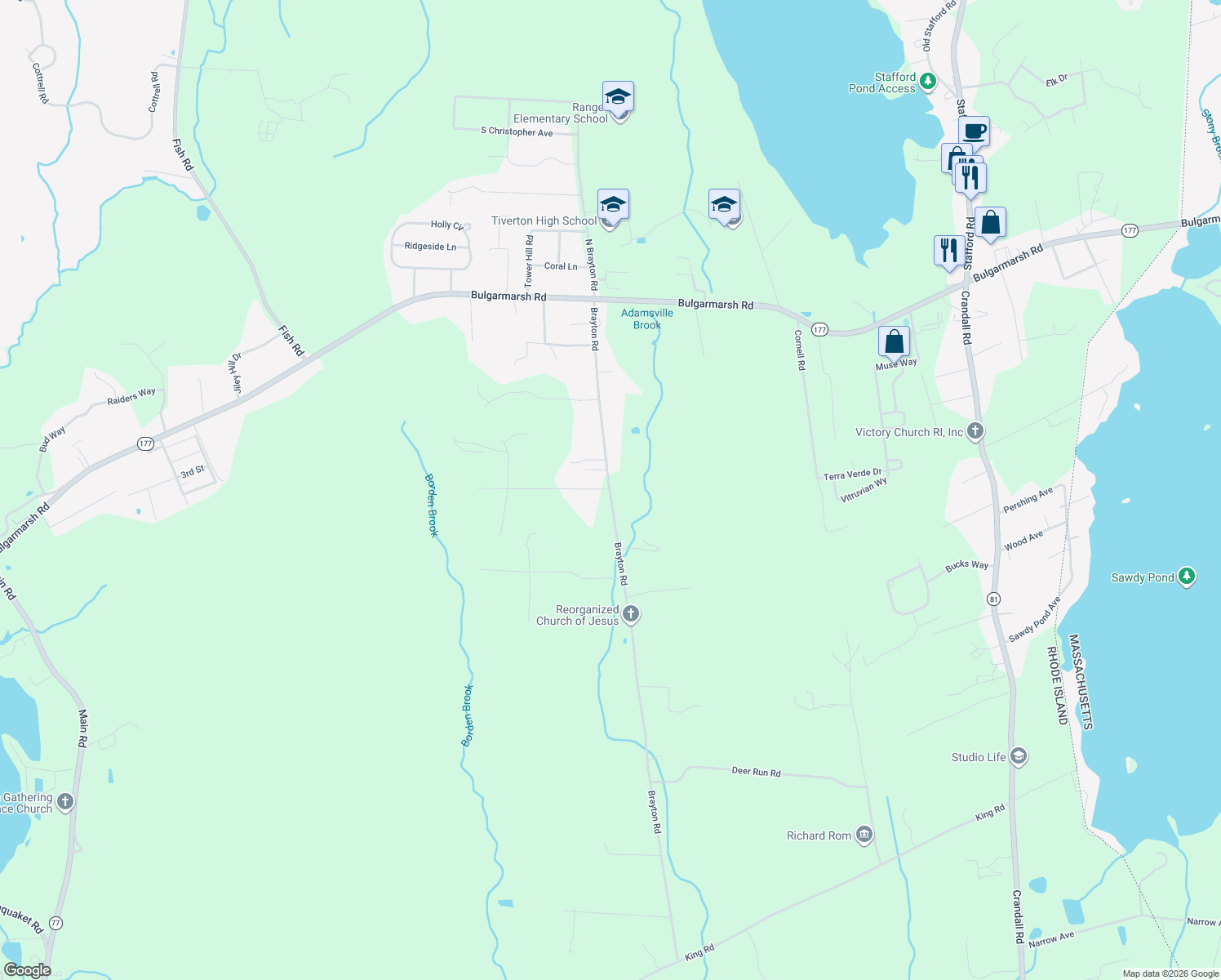 map of restaurants, bars, coffee shops, grocery stores, and more near 300 Brayton Road in Tiverton