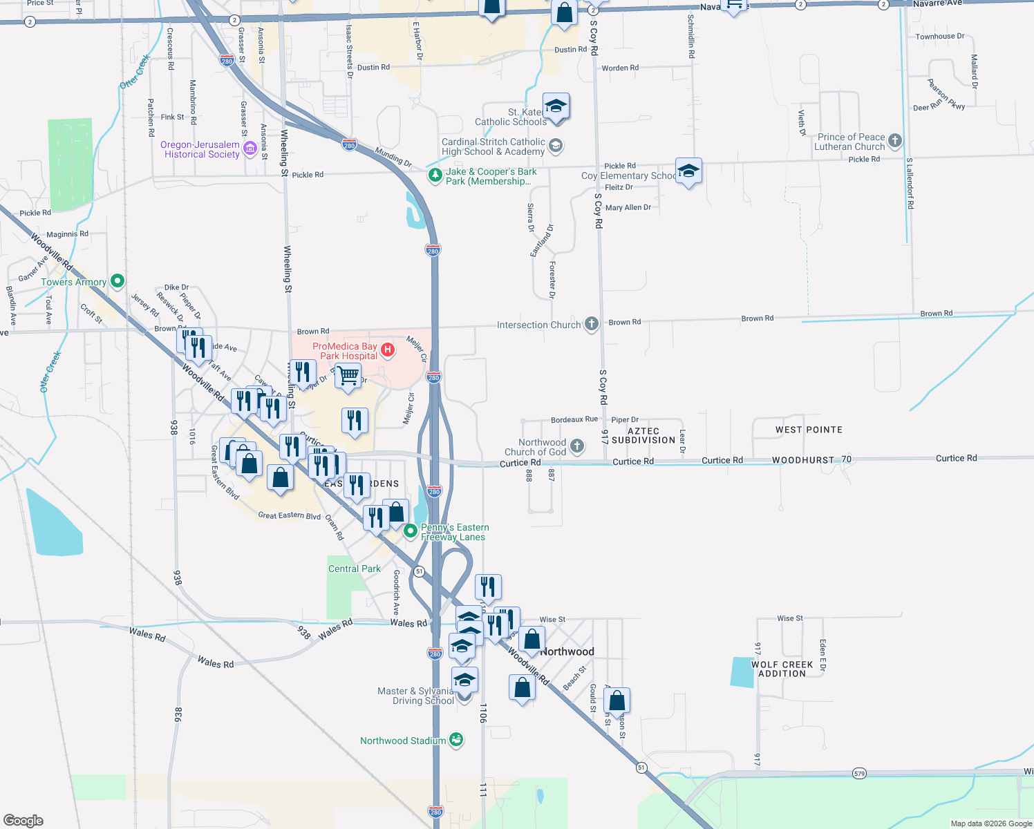 map of restaurants, bars, coffee shops, grocery stores, and more near 3281 Bordeaux Rue in Northwood