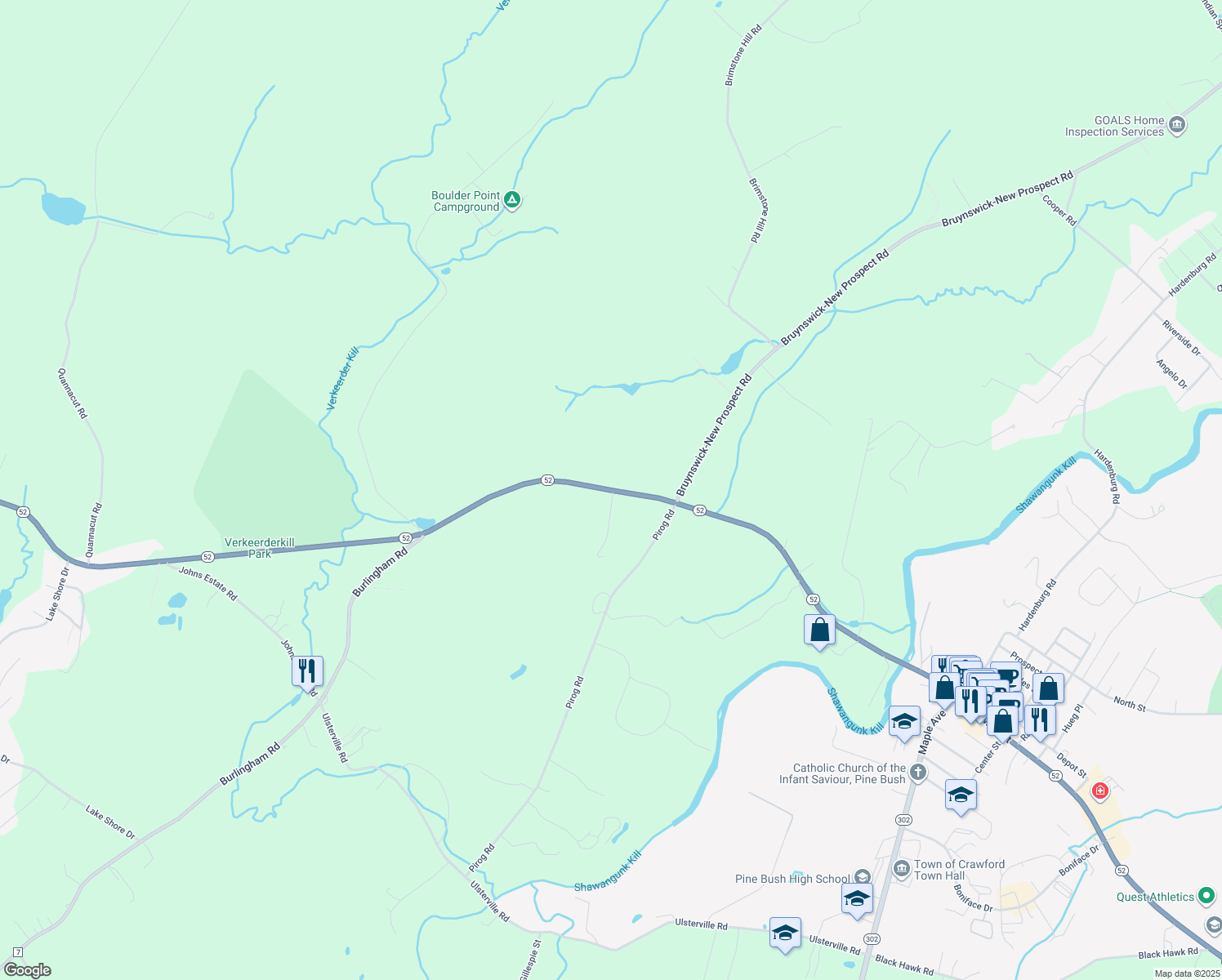 map of restaurants, bars, coffee shops, grocery stores, and more near 3016 Highway 52 in Pine Bush