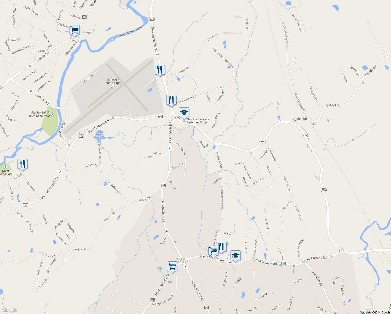 map of restaurants, bars, coffee shops, grocery stores, and more near 31 Lane Gate Road in Wappingers Falls
