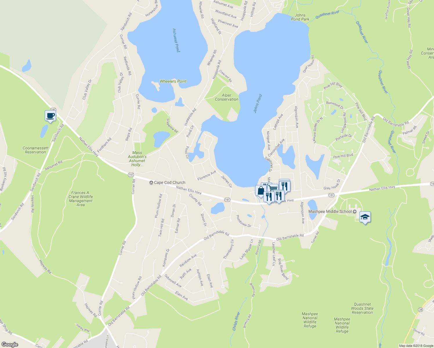 map of restaurants, bars, coffee shops, grocery stores, and more near 62 James Circle in Mashpee