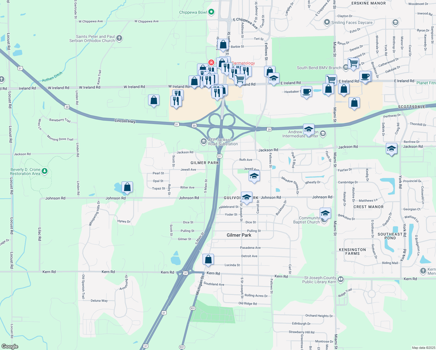 map of restaurants, bars, coffee shops, grocery stores, and more near U.S. 31 in South Bend