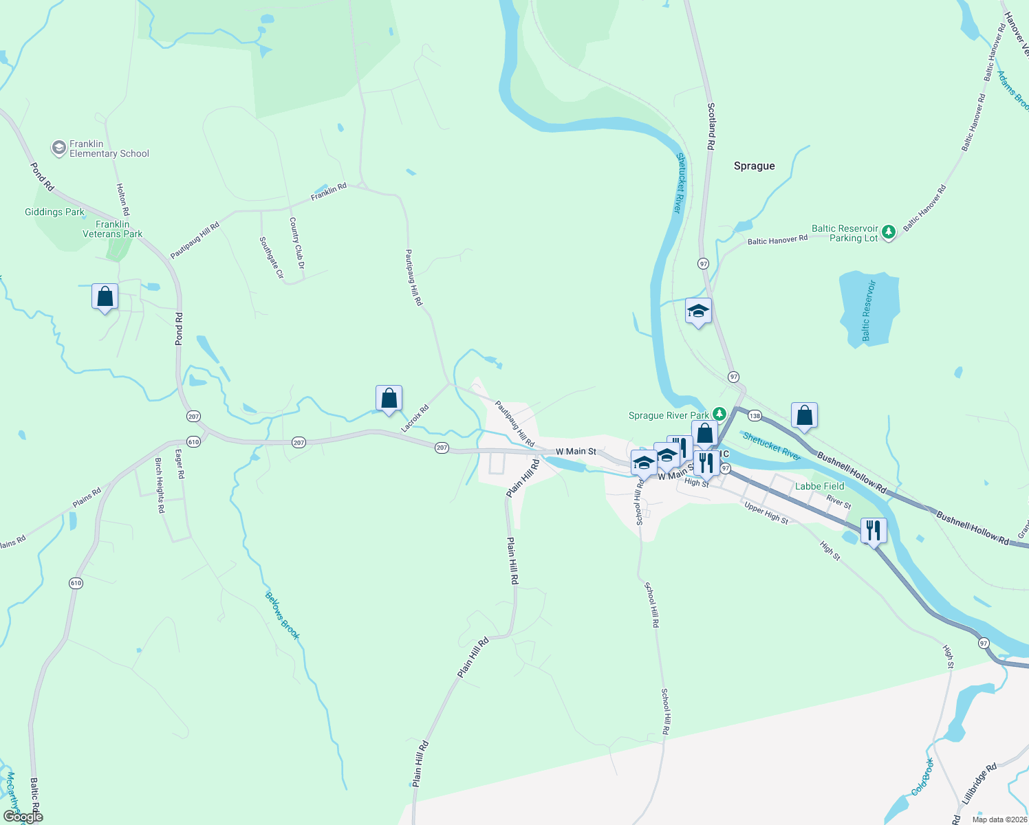 map of restaurants, bars, coffee shops, grocery stores, and more near 1 Aime Street in Sprague