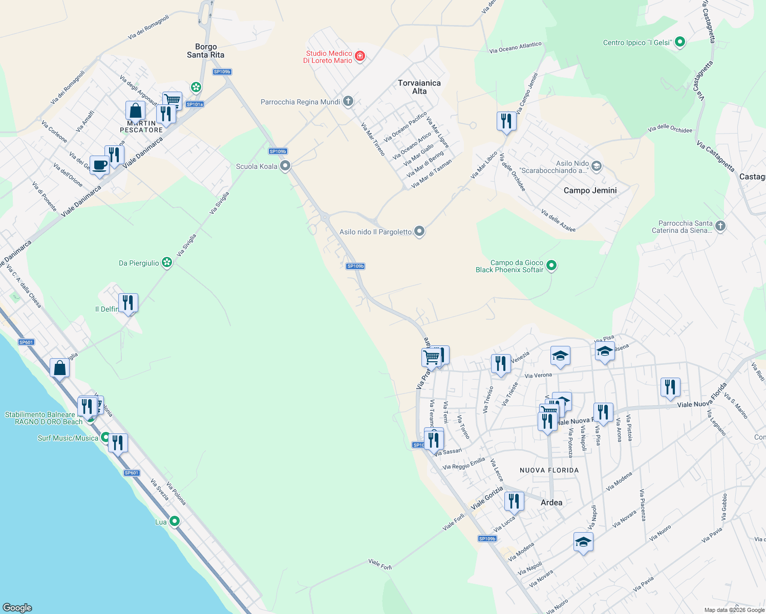 map of restaurants, bars, coffee shops, grocery stores, and more near 11 Via Campo Selva in Città metropolitana di Roma Capitale