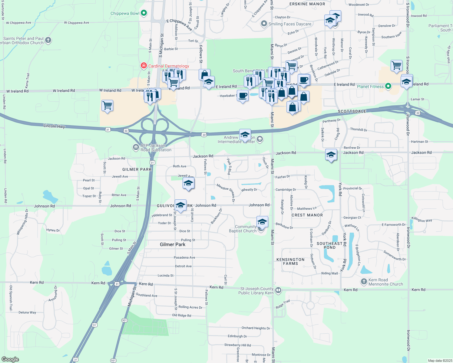map of restaurants, bars, coffee shops, grocery stores, and more near 706 Finch Drive in South Bend