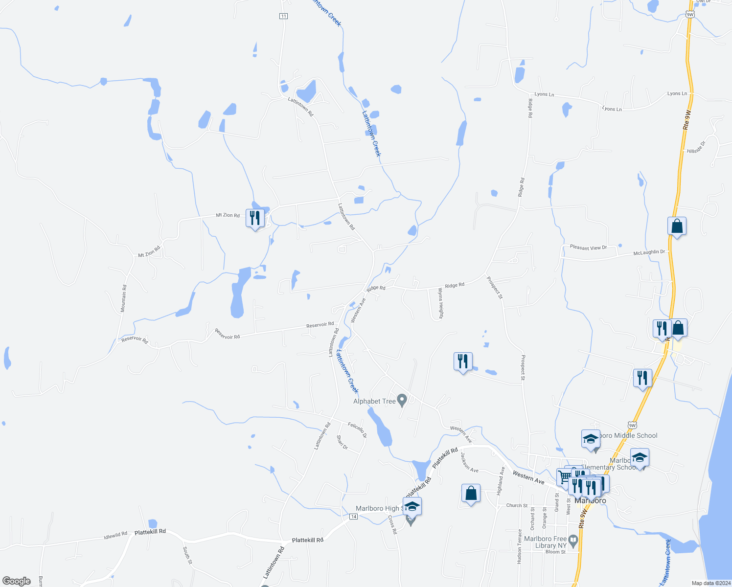 map of restaurants, bars, coffee shops, grocery stores, and more near Ridge Road & Western Avenue in Ulster County