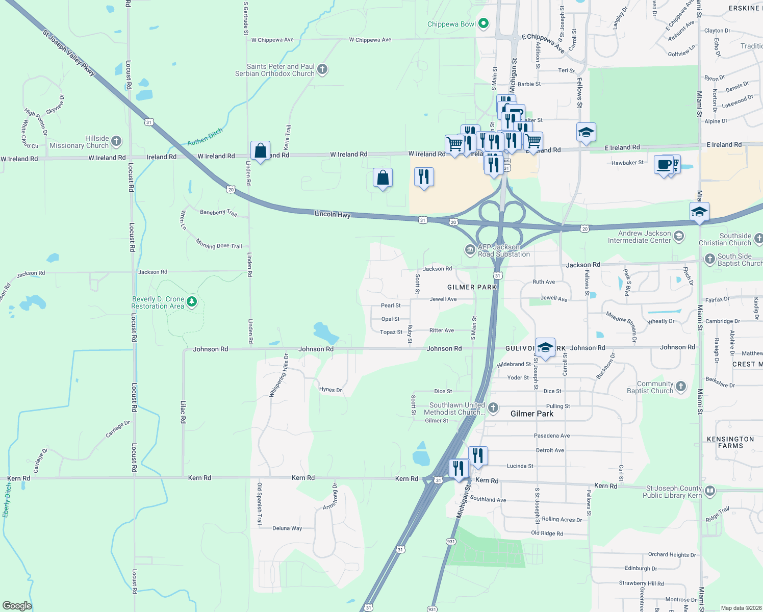 map of restaurants, bars, coffee shops, grocery stores, and more near 20350 Pearl Street in South Bend
