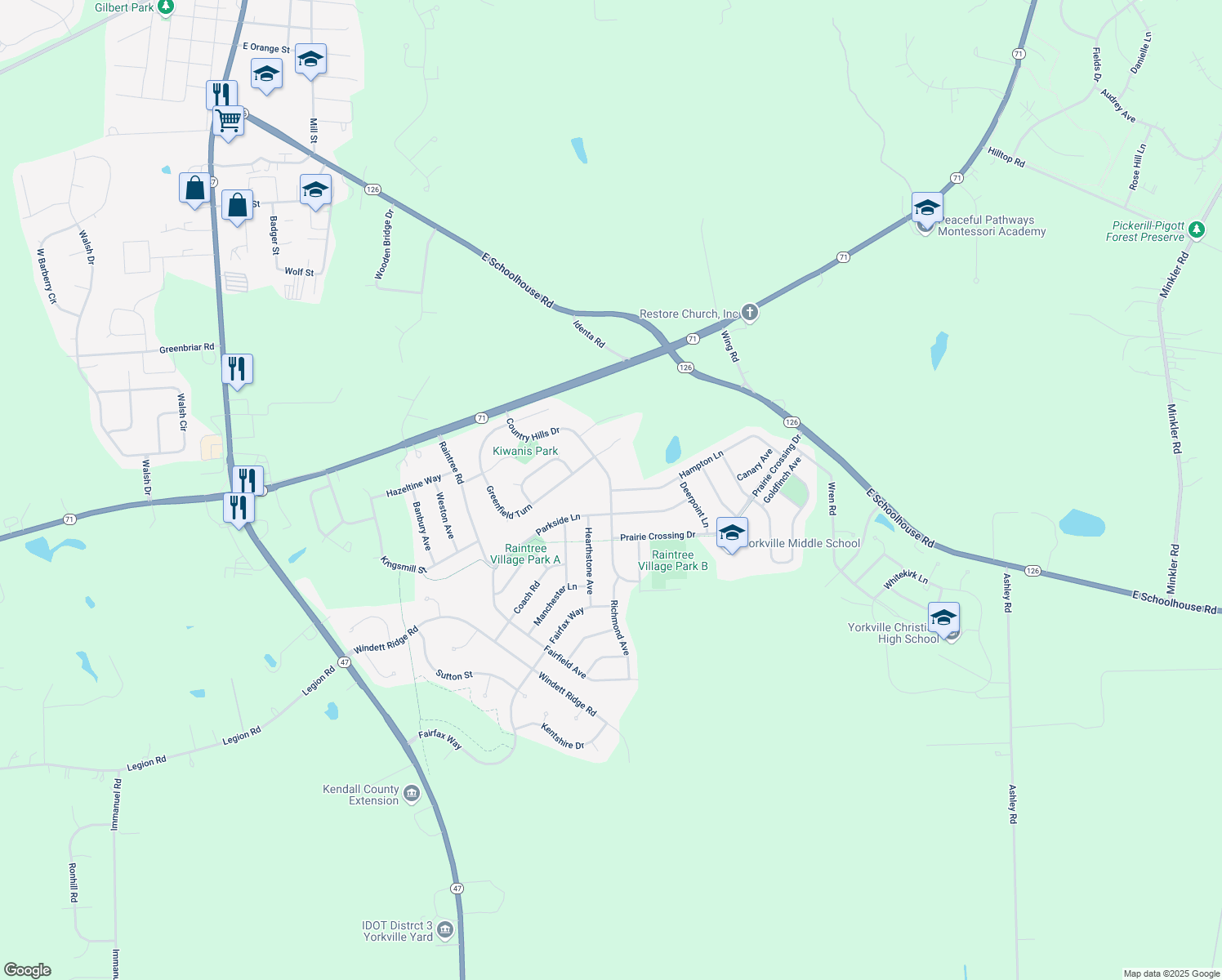 map of restaurants, bars, coffee shops, grocery stores, and more near 1922 Country Hills Dr in Yorkville
