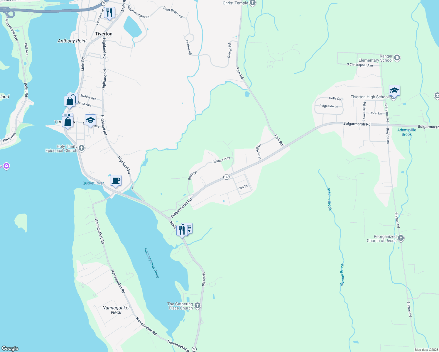 map of restaurants, bars, coffee shops, grocery stores, and more near 238 Bulgarmarsh Road in Tiverton