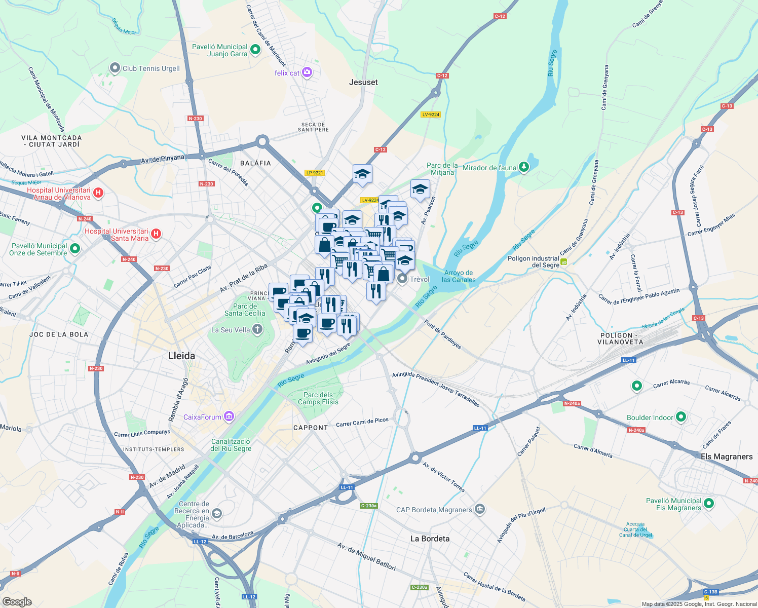 map of restaurants, bars, coffee shops, grocery stores, and more near 13 Avinguda de Tortosa in Lleida