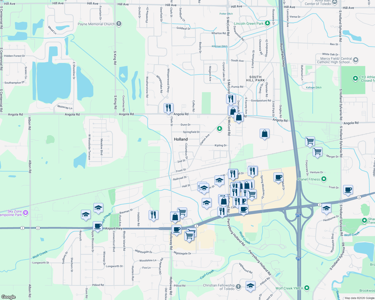 map of restaurants, bars, coffee shops, grocery stores, and more near 7026 Almaine Drive in Holland