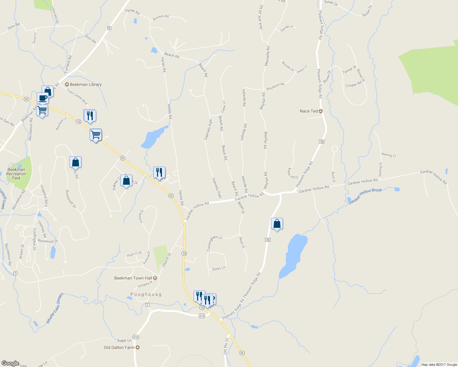 map of restaurants, bars, coffee shops, grocery stores, and more near 21 Beach Road in Poughquag