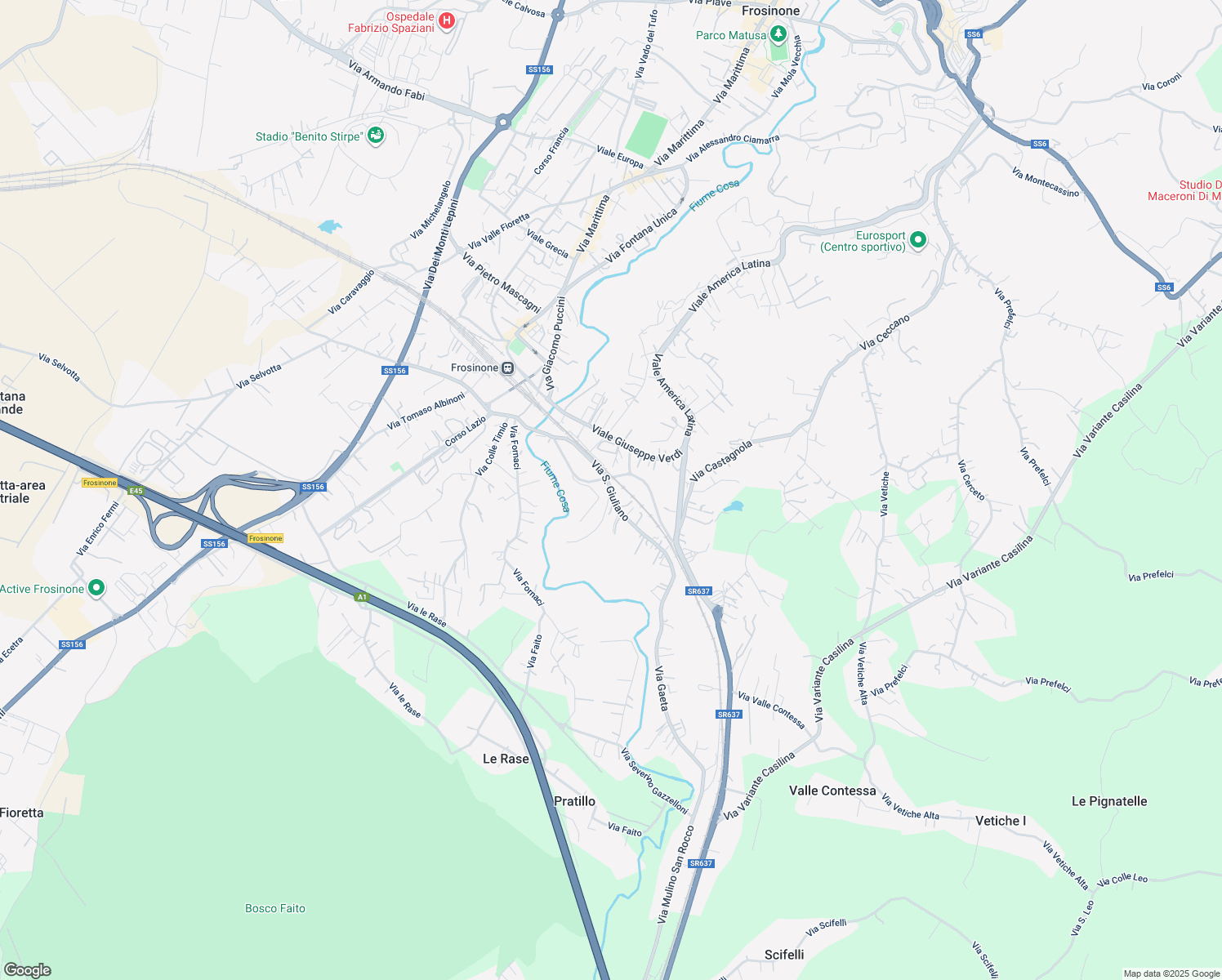 map of restaurants, bars, coffee shops, grocery stores, and more near Via San Giuliano in Frosinone