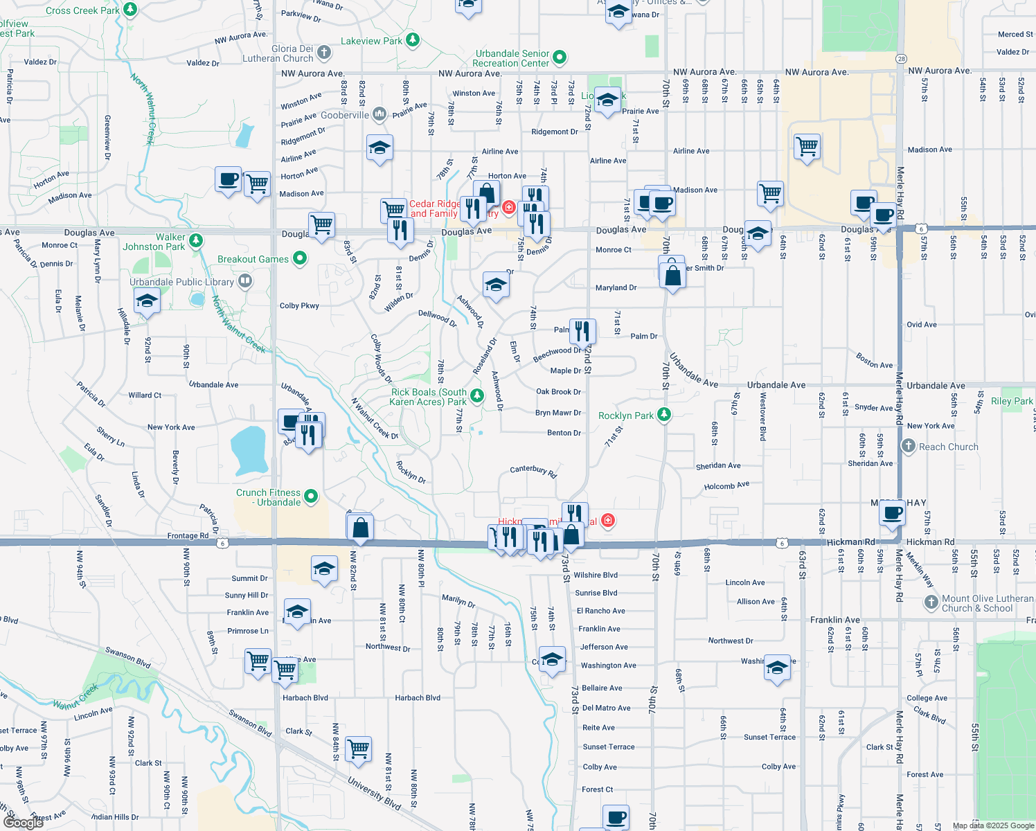 map of restaurants, bars, coffee shops, grocery stores, and more near 7412 Bryn Mawr Dr in Urbandale