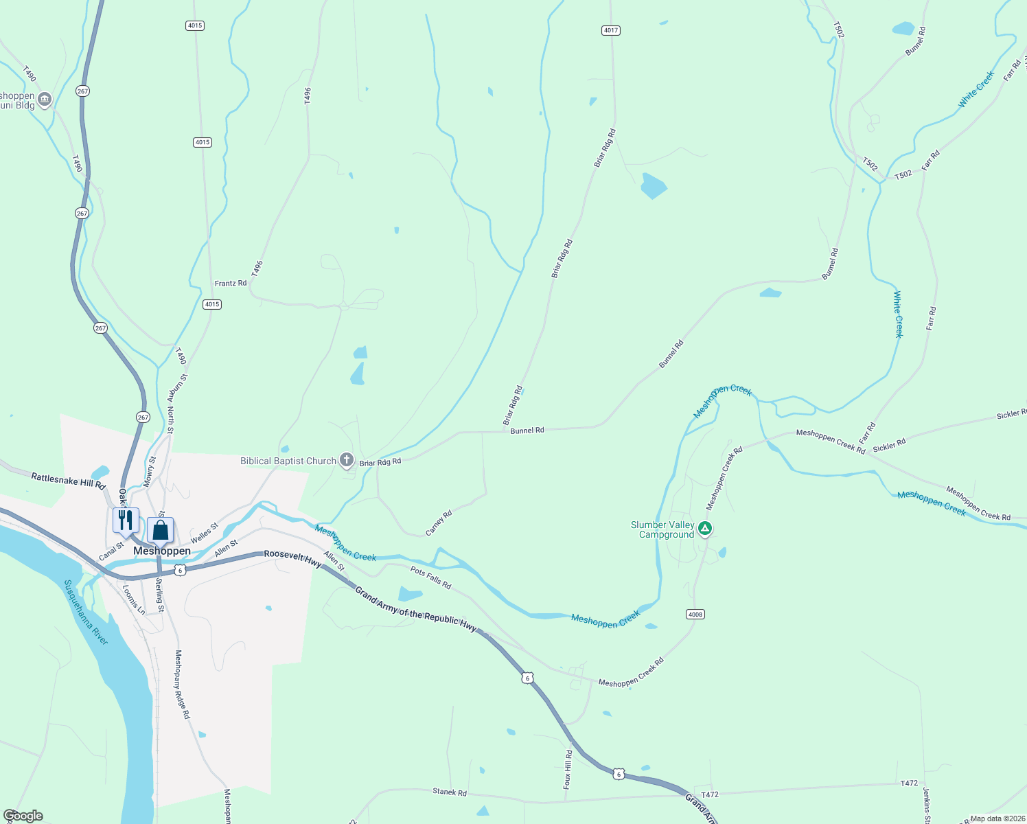 map of restaurants, bars, coffee shops, grocery stores, and more near 640 Briar Ridge Road in Meshoppen