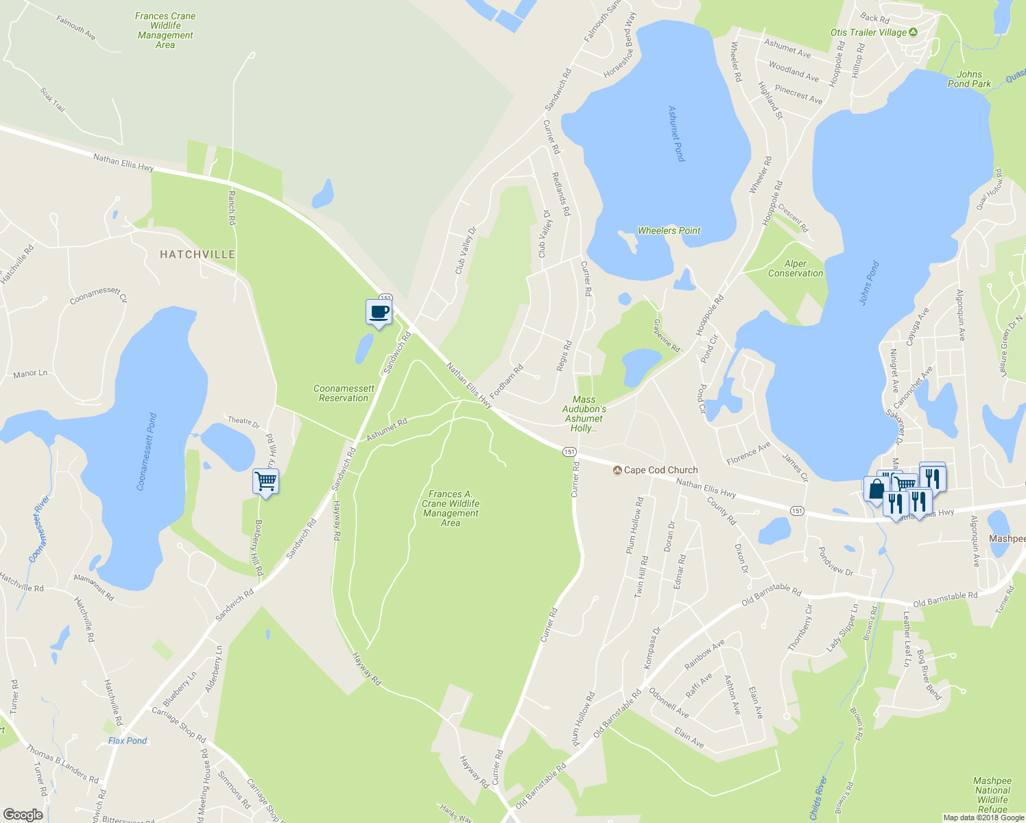 map of restaurants, bars, coffee shops, grocery stores, and more near 216 Ashumet Road in Falmouth