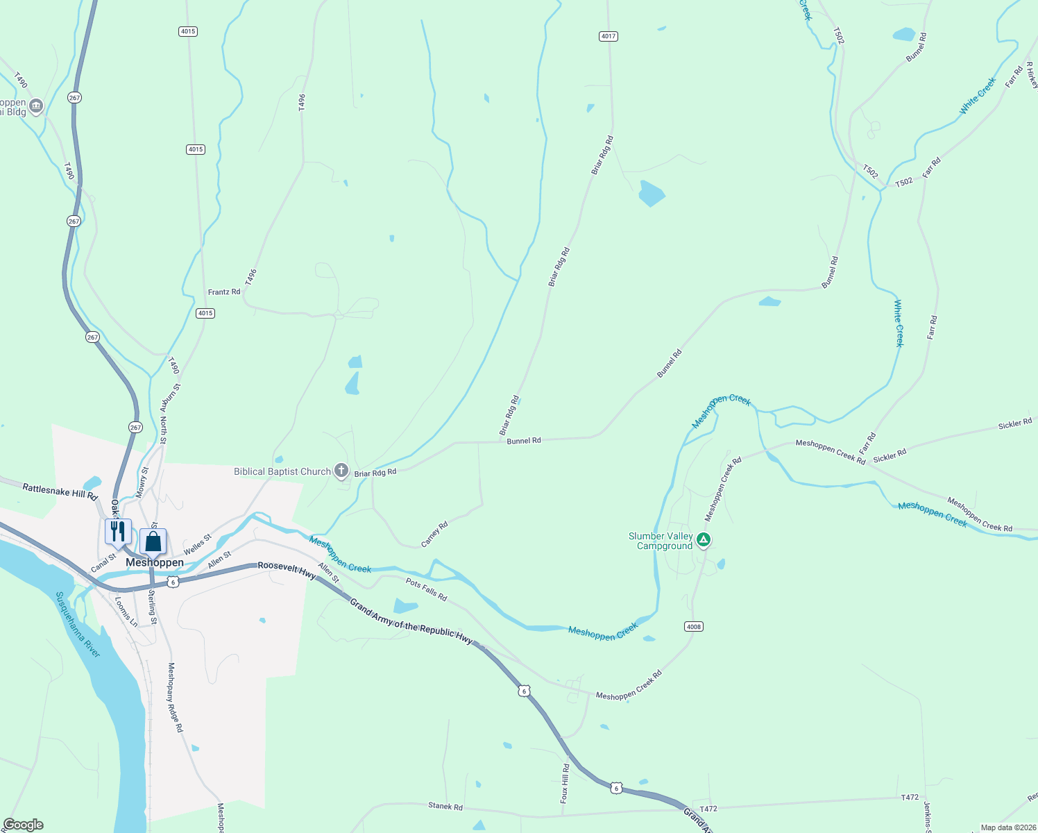 map of restaurants, bars, coffee shops, grocery stores, and more near 640 Briar Ridge Road in Meshoppen