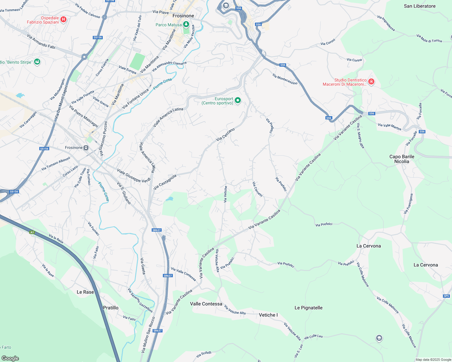 map of restaurants, bars, coffee shops, grocery stores, and more near 66 Via Vetiche in Frosinone