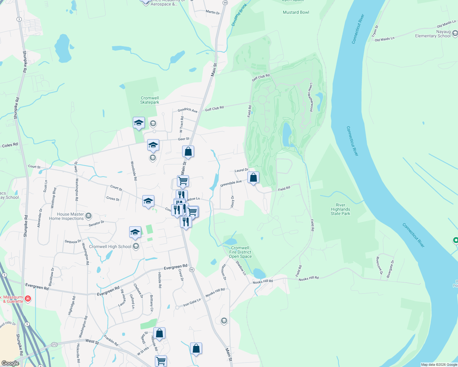 map of restaurants, bars, coffee shops, grocery stores, and more near 14 Greendale Avenue in Cromwell
