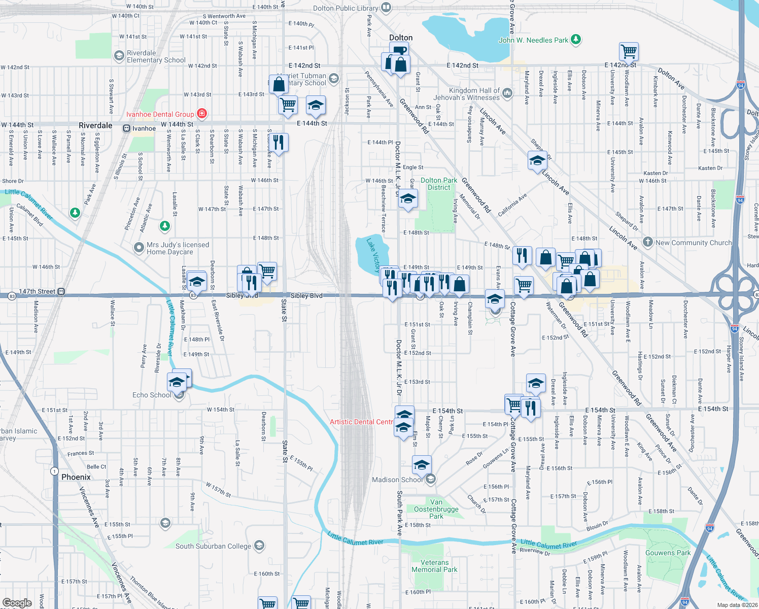 map of restaurants, bars, coffee shops, grocery stores, and more near 15012 Beachview Terrace in Dolton