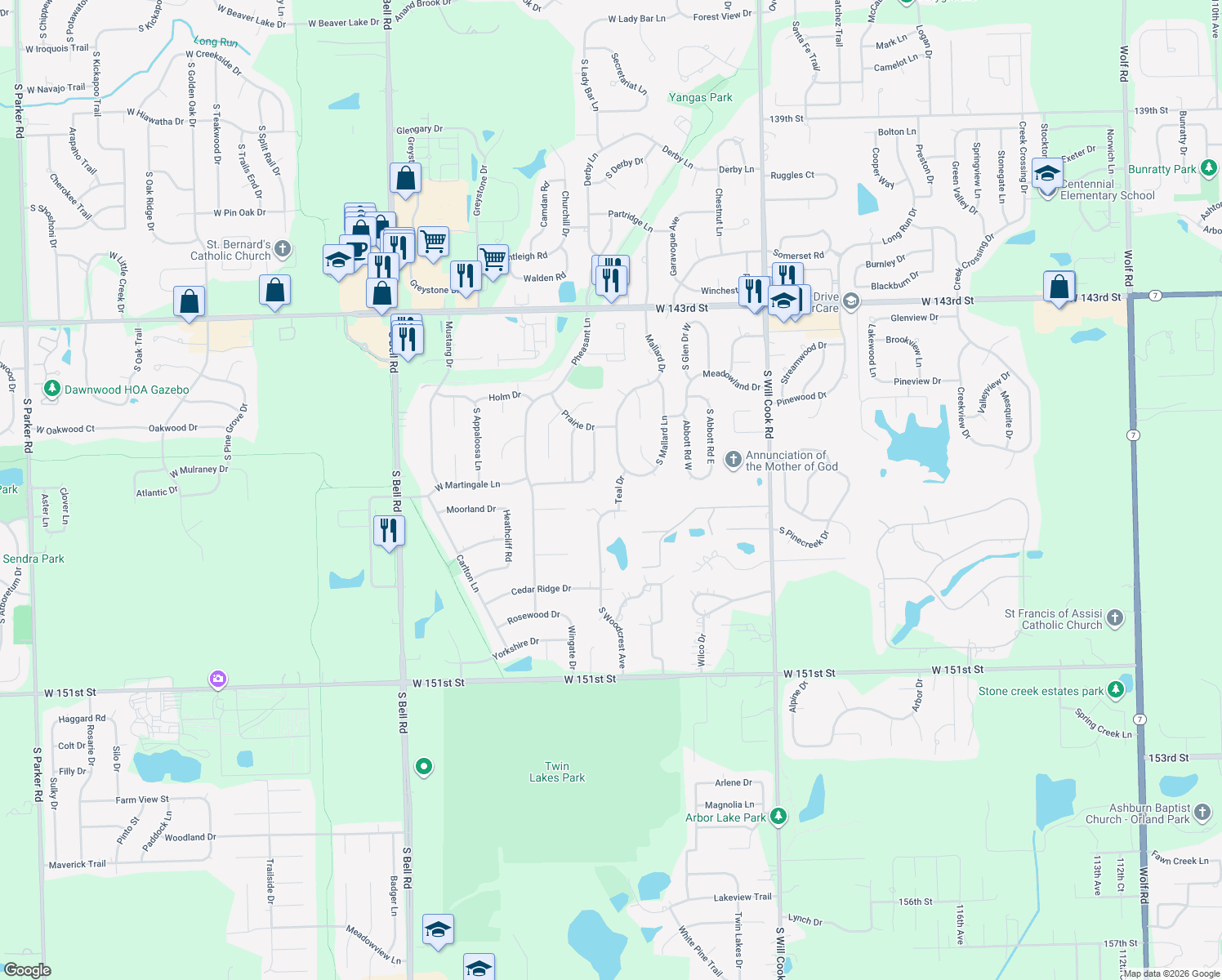 map of restaurants, bars, coffee shops, grocery stores, and more near 14662 Teal Drive in Homer Glen