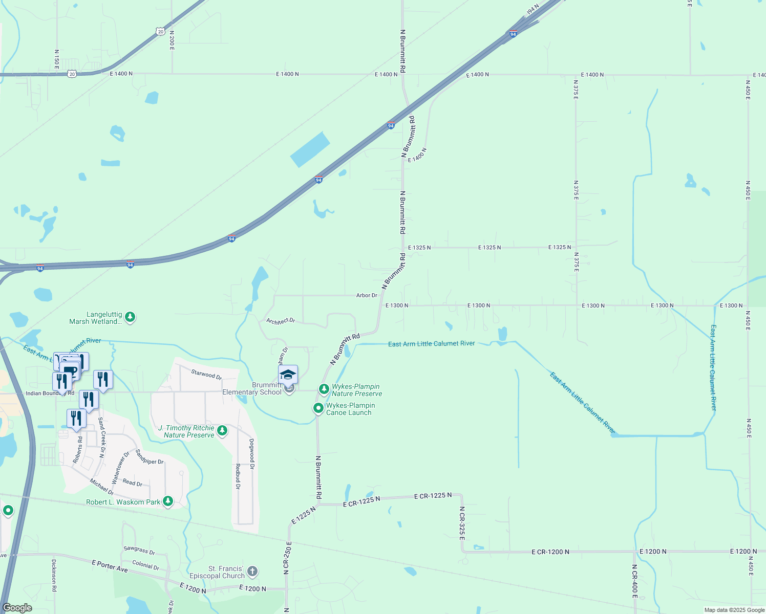 map of restaurants, bars, coffee shops, grocery stores, and more near 1303 Brummit Road in Porter