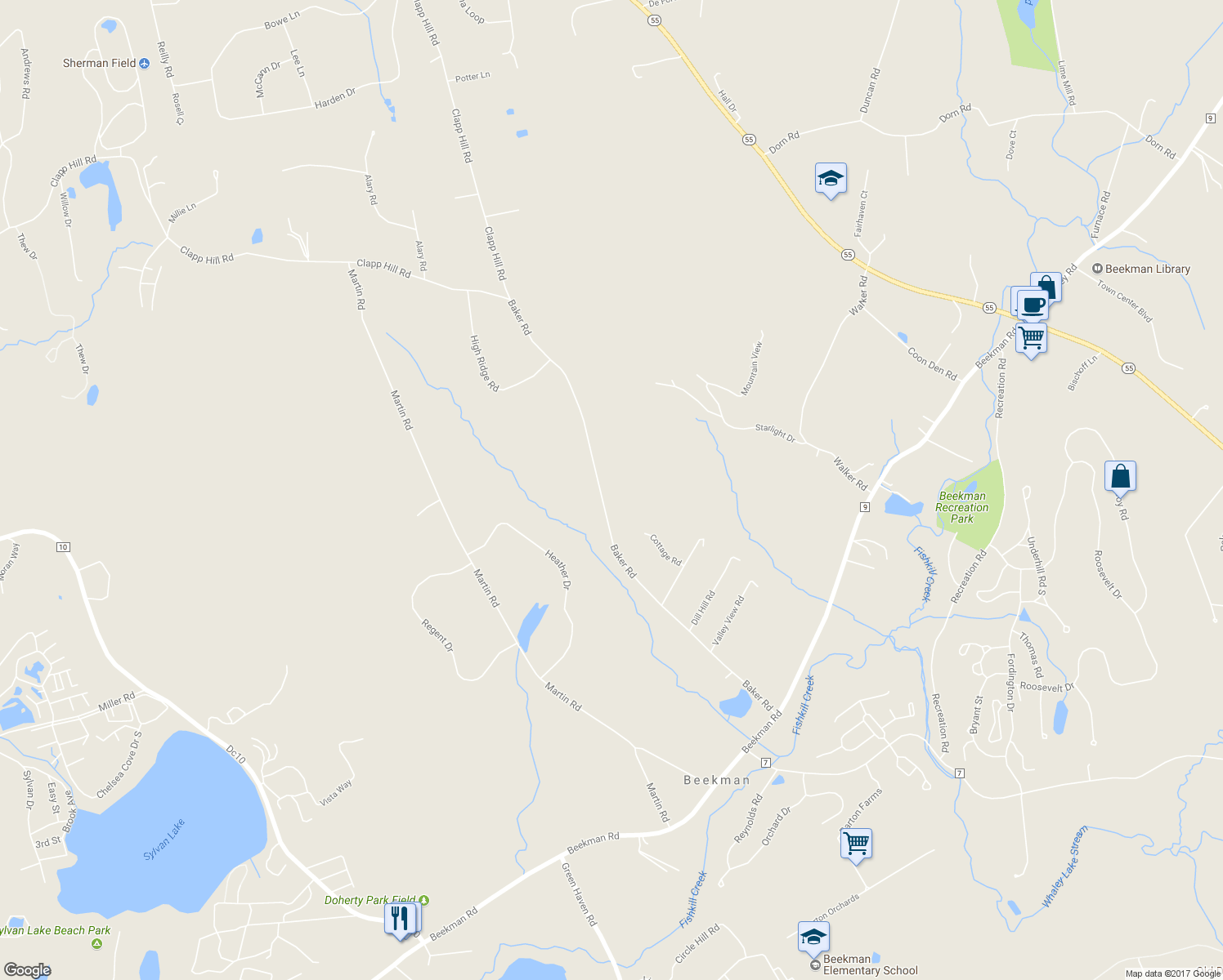 map of restaurants, bars, coffee shops, grocery stores, and more near 86 Baker Road in Hopewell Junction