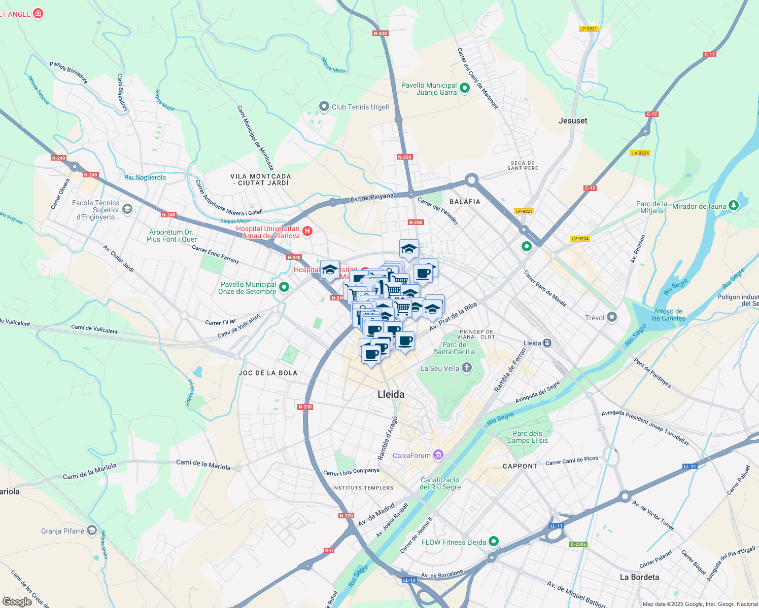 map of restaurants, bars, coffee shops, grocery stores, and more near 136 Gran Passeig de Ronda in Lleida