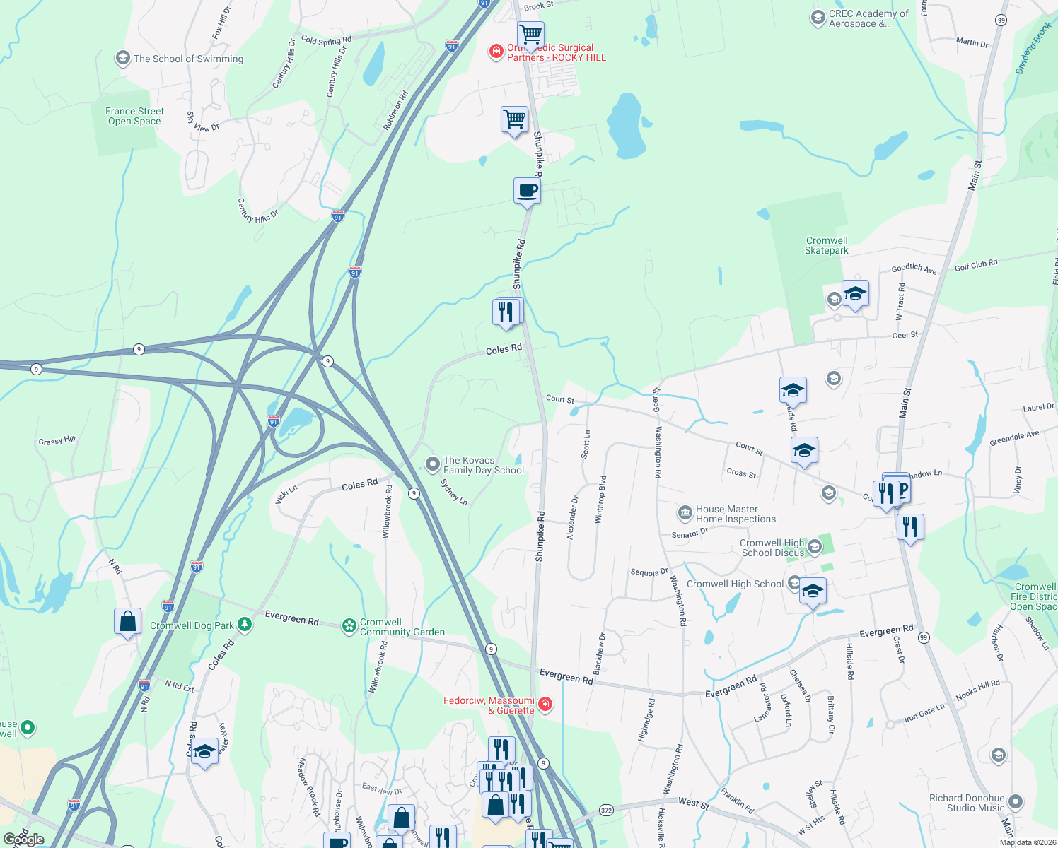 map of restaurants, bars, coffee shops, grocery stores, and more near 3 Sovereign Ridge in Cromwell
