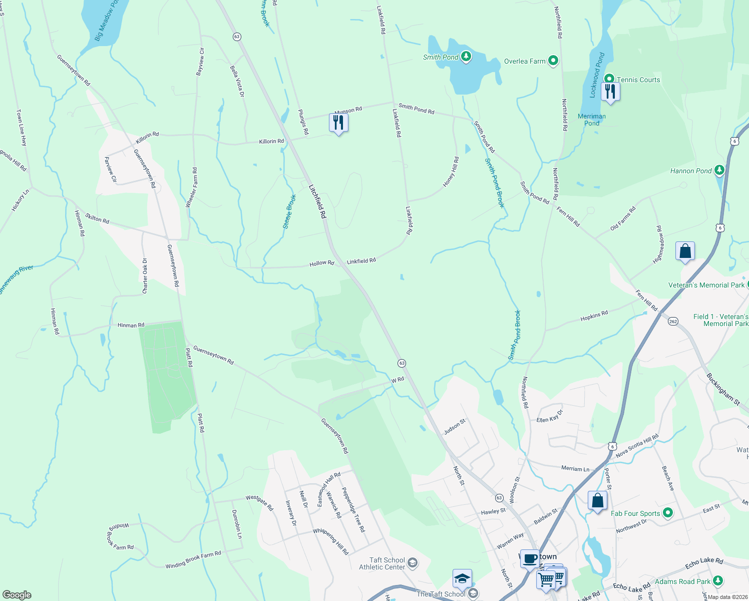 map of restaurants, bars, coffee shops, grocery stores, and more near 586 Litchfield Road in Watertown