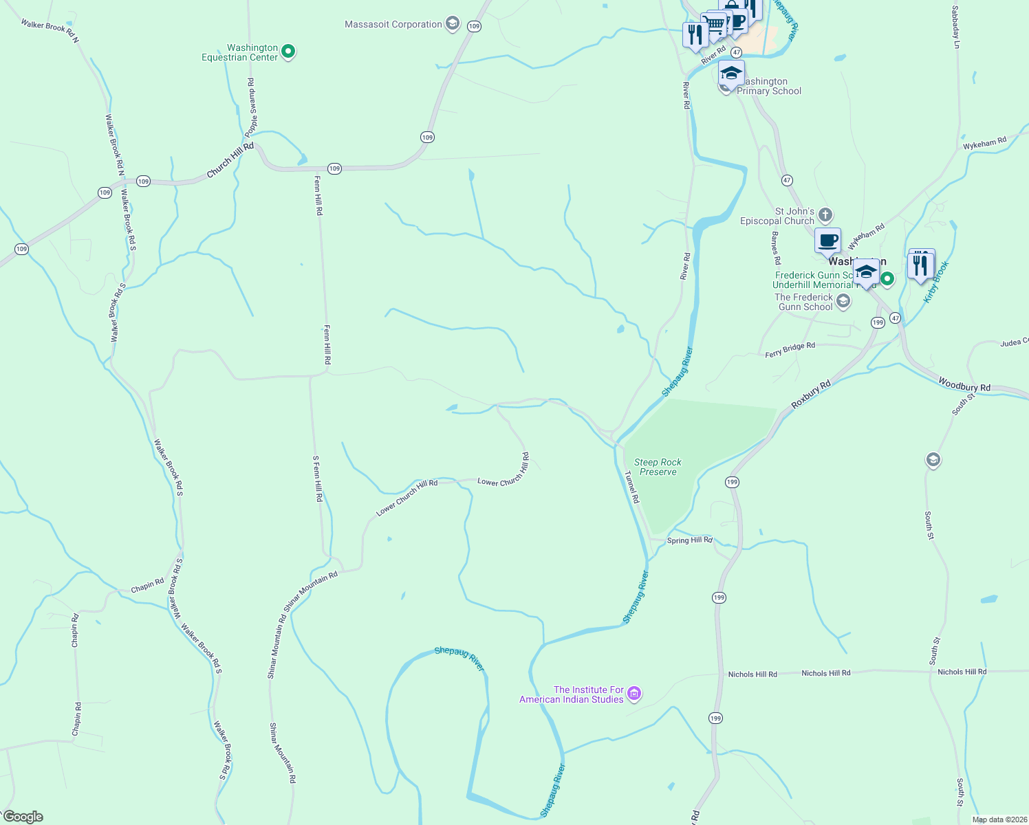 map of restaurants, bars, coffee shops, grocery stores, and more near 53 Lower Church Hill Road in Washington