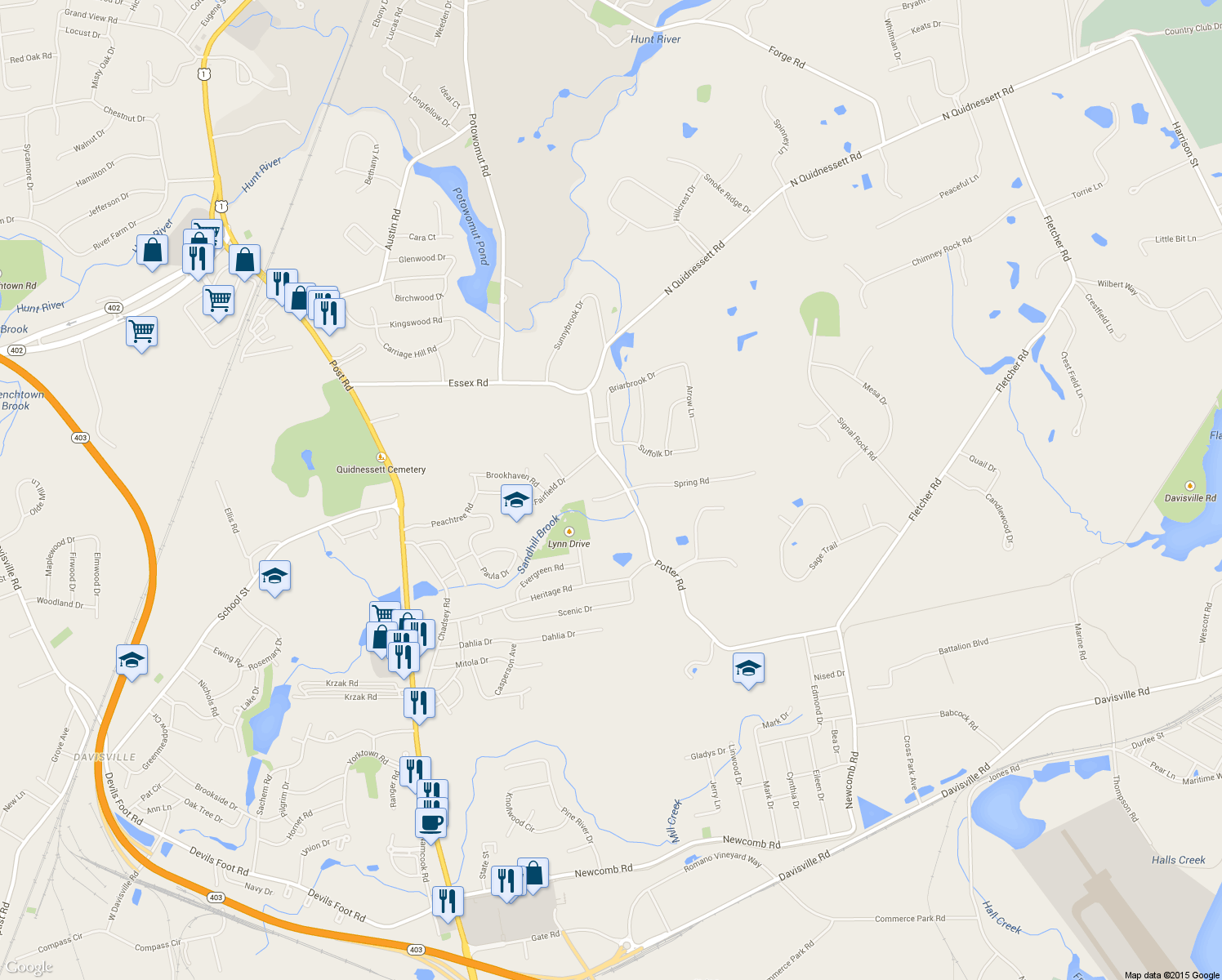 map of restaurants, bars, coffee shops, grocery stores, and more near 145 Potter Road in North Kingstown