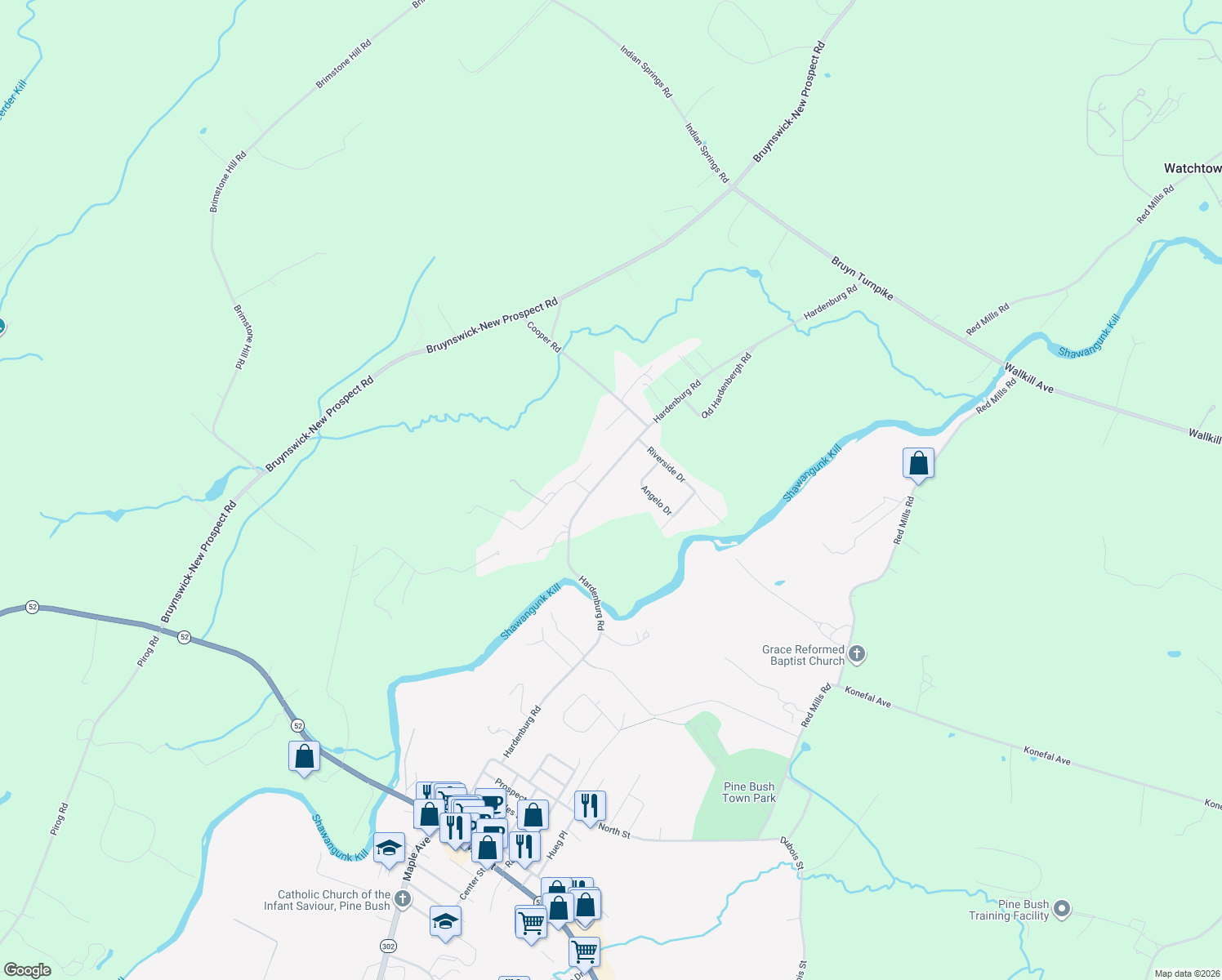 map of restaurants, bars, coffee shops, grocery stores, and more near 180 Hardenburgh Rd in Pine Bush