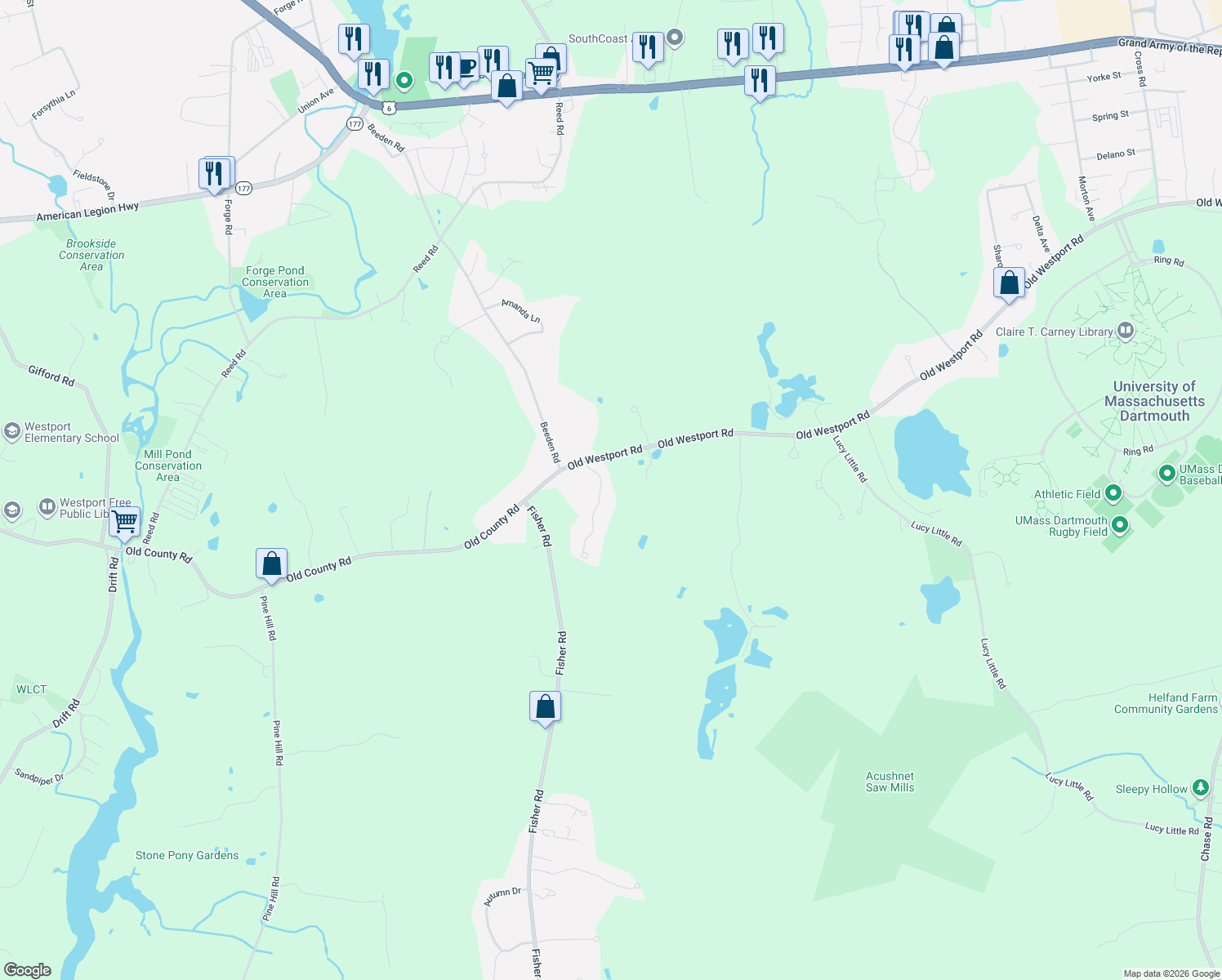 map of restaurants, bars, coffee shops, grocery stores, and more near 14 Eliza Ln in Dartmouth