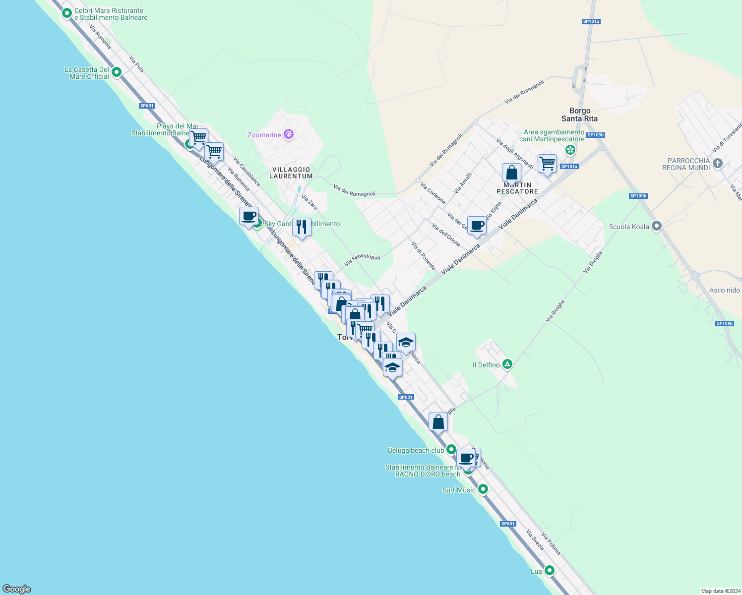 map of restaurants, bars, coffee shops, grocery stores, and more near 33 Via Odessa in Torvaianica