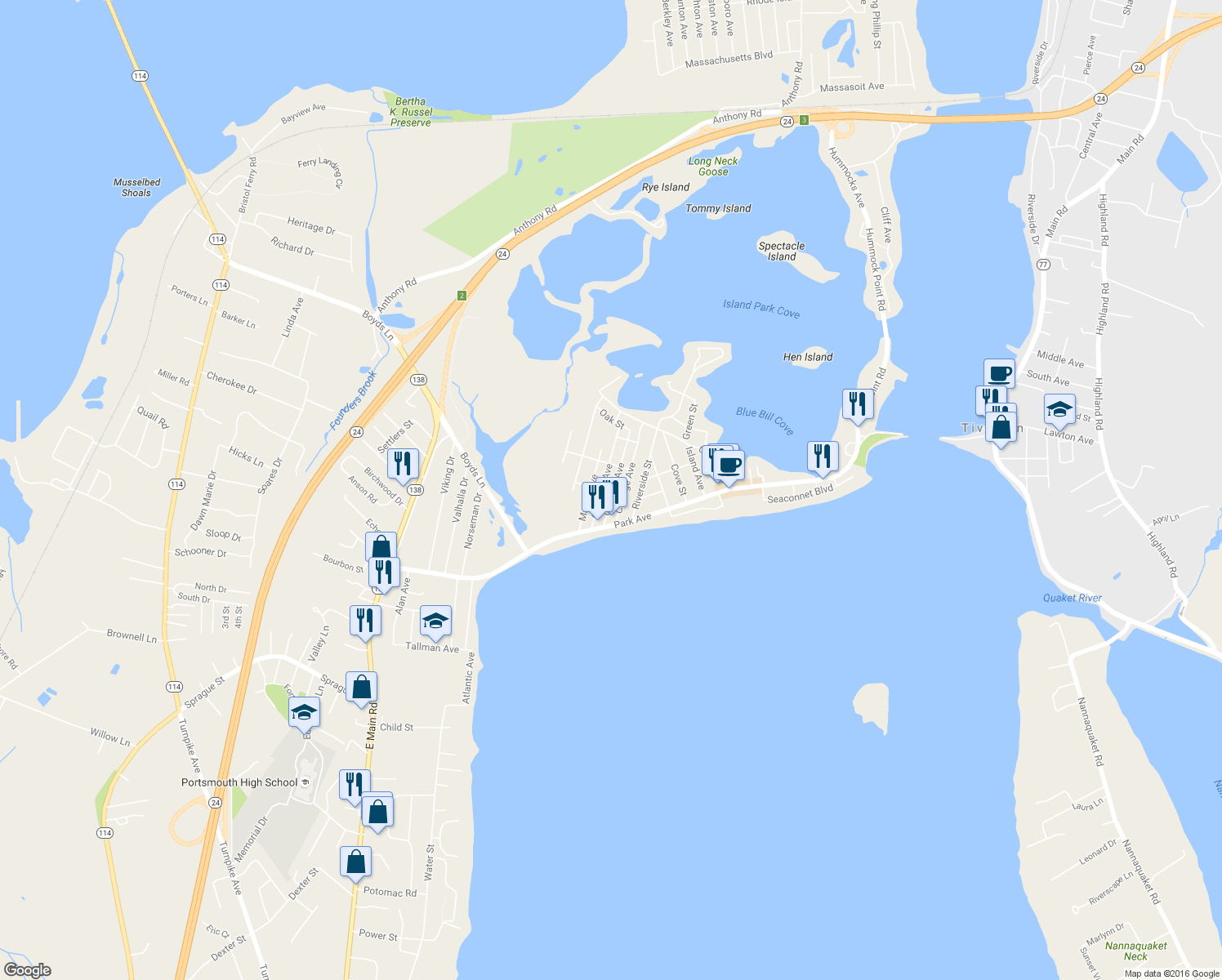 map of restaurants, bars, coffee shops, grocery stores, and more near 54 Gormley Avenue in Portsmouth