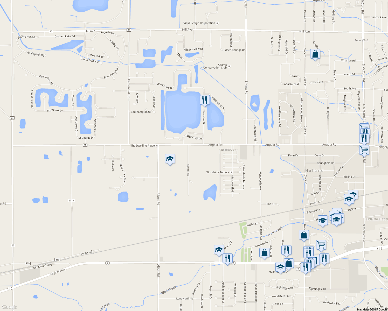 map of restaurants, bars, coffee shops, grocery stores, and more near 953 Raymil Road in Holland
