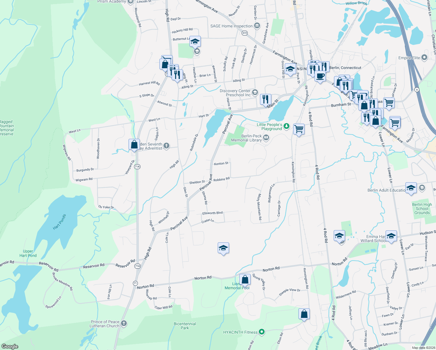 map of restaurants, bars, coffee shops, grocery stores, and more near 29 Robbins Rd in Berlin