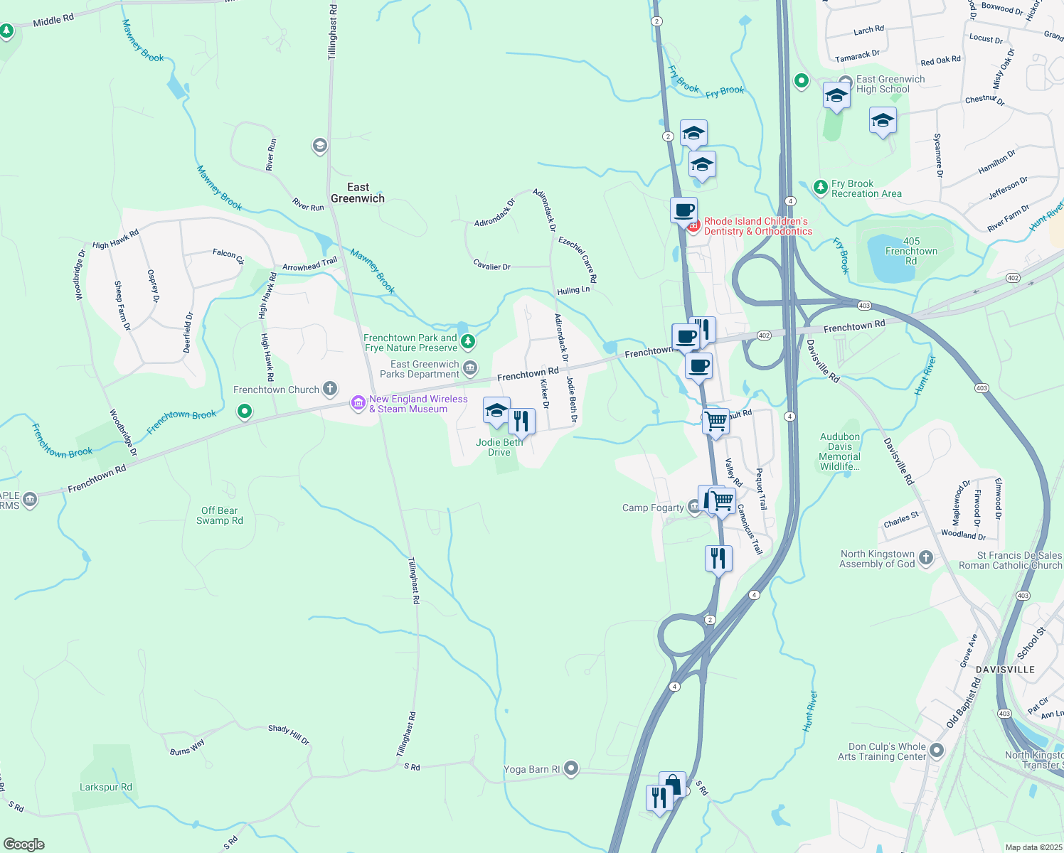 map of restaurants, bars, coffee shops, grocery stores, and more near 15 Jodie Beth Drive in East Greenwich