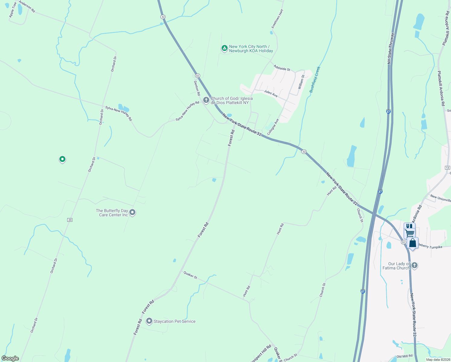 map of restaurants, bars, coffee shops, grocery stores, and more near 484 Forest Road in Wallkill